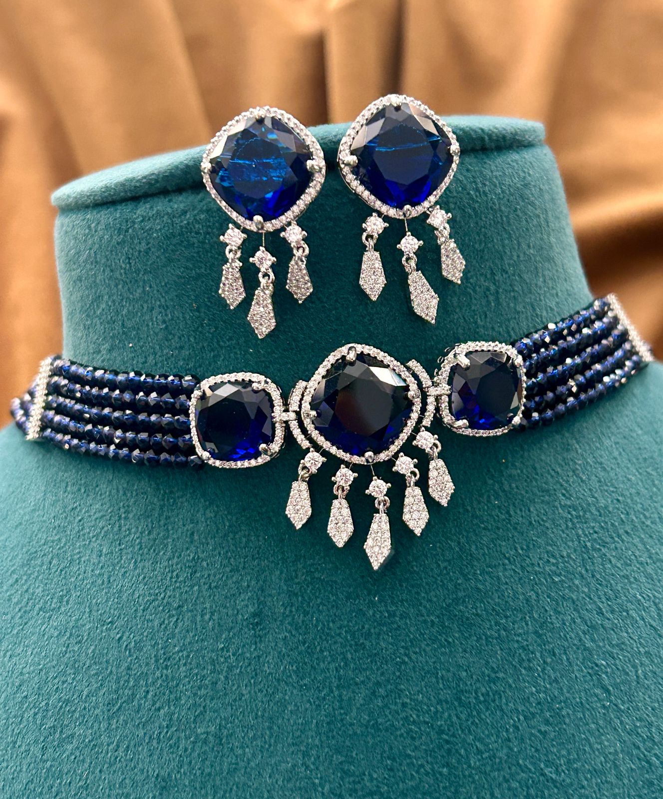 Bold Navy Blue Diamond Choker Set with Dangling Sparkle Stones